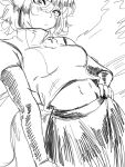  1girl :/ blush breasts closed_mouth commentary crop_top dutch_angle elbow_gloves english_commentary gloves greyscale hand_on_own_hip highres inubashiri_momiji medium_breasts midriff monochrome navel ramnik5 shirt short_hair sketch skirt sleeveless sleeveless_shirt tail touhou wolf_girl wolf_tail 