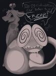  2026 ambiguous_gender antennae_(anatomy) big_eyes black_background blush blush_lines bodily_fluids butt dialogue drooling duo eyebrows feral generation_2_pokemon girafarig giraffe giraffid heart_symbol hi_res llametsul looking_at_another looking_at_viewer mammal markings nintendo open_mouth pokemon pokemon_(species) question_mark rear_view saliva sharp_teeth simple_background solo speech_bubble spines spiral spiral_eyes spots spotted_markings sweat tail talking_to_viewer teeth text 