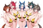  5girls admire_groove_(umamusume) animal_ear_piercing animal_ears bikini black_hair blue_hair blue_tail breasts brown_hair brown_tail cleavage collarbone colored_inner_animal_ears commentary_request ear_ornament ears_through_headwear finger_heart gold_bikini halterneck hand_up hat horse_ears horse_girl horse_tail huge_breasts kiseki_(umamusume) long_hair looking_at_viewer loves_only_you_(umamusume) mole mole_under_mouth multicolored_hair multiple_girls navel one_side_up pointing pointing_at_viewer purple_eyes red_eyes red_hair rulership_(umamusume) short_hair short_hair_with_long_locks sidelocks simple_background streaked_hair swimsuit tail thighs transcend_(umamusume) umamusume v v_over_eye white_background white_streaks xiang_(user_tfpn4322) yellow_hat 