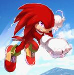  1boy absurdres animal_nose blue_sky cloud electricity furry furry_male gloves highres isa-415810 knuckles_the_echidna male_focus purple_eyes serious shoes sky solo sonic_(series) sonic_heroes sonic_the_hedgehog_2_(film) white_gloves 