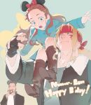  1girl 2boys absurdres alex_(street_fighter) animal_ears beard black_gloves black_hair blonde_hair blue_eyes boots bow brown_hair closed_mouth coat commentary_request dress eating english_text facial_hair facial_mark fingerless_gloves food fur_trim gloves hair_bow hair_ornament hairclip happy_birthday happy_new_year headband highres jacket leather long_hair long_sleeves mickey_mouse_ears mouse_ears multiple_boys open_mouth patricia_(street_fighter) ponytail pretzel red_headband shirt sitting_on_shoulder smile street_fighter street_fighter_iii_(series) tom_(street_fighter) worvies 