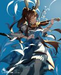  1girl absurdres amiya_(arknights) animal_ears arknights blue_background brown_hair closed_eyes closed_mouth commentary_request dated dress facing_viewer feet_out_of_frame highres holding holding_instrument instrument long_hair long_sleeves music playing_instrument ponytail puffy_long_sleeves puffy_sleeves rabbit_ears signature solo standing thighhighs tiara very_long_hair violin white_dress white_thighhighs wide_sleeves zizizilang 