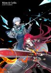  1boy 1girl absurdres amano_toshi blue_hair celis_ortesia coat eiyuu_densetsu gloves high_collar highres holding holding_sword holding_weapon huge_weapon kuro_no_kiseki_(series) kuro_no_kiseki_i kuro_no_kiseki_ii long_hair mullet red_gloves red_hair rion_balthazar short_hair sigil simple_background skirt_under_dress sword weapon 