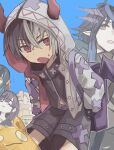  2boys 2girls 3boys 3girls :3 absurdres azold_(princess_connect!) black_hair black_shorts blonde_hair blue_background blue_hair closed_eyes commentary_request demon_horns eyepatch fang green_hair grey_hair hair_between_eyes hair_ornament hat highres hood hood_up hooded_jacket horns jacket kariza_(princess_connect!) long_hair male_focus misora_(princess_connect!) multicolored_hair multiple_boys multiple_girls open_mouth pointy_ears princess_connect! purple_hair ranpha_(princess_connect!) red_eyes short_hair shorts slime_(creature) split-color_hair sweat two-tone_hair tyaui_(xjju4435) white_hair white_jacket wings yellow_eyes zane_(princess_connect!) 