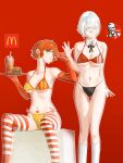  2girls absurdres armpit_crease ass_visible_through_thighs bikini black_bikini black_bow black_bowtie blue_eyes bow bowtie breasts breasts_apart burger cleavage closed_mouth collarbone colored_eyelashes commentary cup detached_collar disposable_cup dudrinm earrings elbow_gloves eyelashes facial_tattoo feet_out_of_frame food glasses gloves green_eyes hair_ornament halterneck hand_up hands_up highres holding holding_tray jewelry kfc kneehighs large_breasts latex latex_gloves long_neck looking_at_viewer looking_over_eyewear mcdonald's medium_breasts mole mole_on_breast mole_on_stomach mole_on_thigh multiple_girls multiple_moles narrow_waist navel original red_background red_bikini red_gloves red_hair red_lips red_thighhighs short_hair side-tie_bikini_bottom sitting socks standing stomach_tattoo striped_bikini striped_clothes striped_thighhighs swimsuit tattoo thigh_gap thighhighs tray underboob watch white_eyelashes white_hair white_socks white_thighhighs wristwatch yellow_bikini 