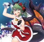  1girl ;d arm_up bangs bare_shoulders bell black_gloves blush bow breasts cleavage collarbone commission copyright_request dragon_girl dragon_horns dragon_tail dress fur-trimmed_dress fur-trimmed_gloves fur_trim gloves green_hair hair_between_eyes hair_bow hair_ornament highres holding holding_sack horns looking_at_viewer medium_breasts neck_bell one_eye_closed orange_wings red_bow red_dress red_eyes sack sakura_chiyo_(konachi000) smile snowflakes solo star_(symbol) star_hair_ornament strapless strapless_dress tail virtual_youtuber 