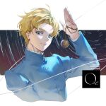  1boy blonde_hair blue_eyes blue_jacket border chi.:_chikyuu_no_undou_ni_tsuite closed_mouth commentary_request cropped_torso jacket jewelry korean_commentary looking_at_viewer male_focus necklace rafal_(chi.) rke short_hair simple_background solo twitter_username upper_body white_background white_border 