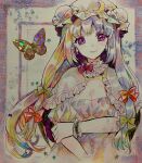  1girl absurdres blush border bow breasts bug butterfly cleavage closed_mouth colored_pencil_(medium) commentary crescent crescent_hat_ornament dot_nose dress earrings frilled_cuffs hair_bow hand_on_own_arm hat hat_ornament highres iori_(akaringo) jewelry lips long_hair looking_at_viewer low_neckline medium_breasts mob_cap multicolored_hair outside_border patchouli_knowledge photo_(medium) puffy_short_sleeves puffy_sleeves purple_border purple_eyes red_bow short_sleeves sidelocks smile solo star_(symbol) straight-on touhou traditional_media white_background wrist_cuffs yellow_bow 