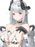  1girl :/ absurdres alternate_breast_size_(larger) alternate_costume animal_print aqua_collar arknights bare_shoulders bikini black_bikini black_collar black_gloves black_horns blush bottle bottle_between_breasts breasts bright_pupils cleavage collar collarbone commentary cow_print cow_print_bikini diamond-shaped_pupils diamond_(shape) dot_nose ear_piercing front-tie_bikini_top front-tie_top gloves grey_hair hand_on_own_chest highres horns huge_breasts infection_monitor_(arknights) long_hair looking_to_the_side material_growth milk_bottle mudrock_(arknights) multicolored_bikini multicolored_collar open_jumpsuit oripathy_lesion_(arknights) piercing pointy_ears print_bikini red_eyes simple_background small_sweatdrop solo spam_(spamham4506) swimsuit symbol-shaped_pupils two-tone_bikini two-tone_collar upper_body white_background white_bikini white_pupils 