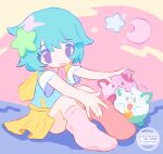  1girl :3 :d absurdres animal_ear_fluff aqua_hair azuki_(mahou_no_shimai_lulutto_lilly) biting biting_ear blue_jacket blush_stickers child commentary copyright_notice creature crescent dot_nose full_body hair_ornament hand_on_another's_head highres hood hooded_jacket jacket knees_up looking_at_viewer mahou_no_shimai_lulutto_lilly miniskirt multicolored_jacket no_pupils no_sclera noniha nonoyama_fuu pink_socks purple_eyes short_hair short_sleeves sitting skirt smile socks star_(symbol) star_hair_ornament straight_hair twitter_username two-tone_jacket uguisu_(mahou_no_shimai_lulutto_lilly) yellow_jacket yellow_skirt 