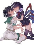  2girls absurdres asymmetrical_wings bar_censor black_dress black_hair censored closed_eyes dress erection futa_with_female futanari gunnjou_yosio highres houjuu_nue multiple_girls murasa_minamitsu sailor_collar sailor_shirt shirt shorts socks sweat thighhighs tongue tongue_out touhou wings yuri 