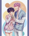  1boy 1girl 29o52413 anger_vein black_hair blue_eyes bubble_tea collared_shirt cup disposable_cup drink drinking_straw drinking_straw_in_mouth ear_piercing genderswap genderswap_(mtf) hair_between_eyes hair_ornament hairclip hanagaki_takemichi heart heart-shaped_pupils highres holding holding_drink long_sleeves mullet necktie pants piercing pink_hair pink_necktie pleated_skirt sanzu_haruchiyo scar scar_on_face scar_on_mouth shirt short_hair skirt standing symbol-shaped_pupils tokyo_revengers white_pants white_shirt white_skirt wolf_cut 