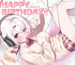  1girl birthday blush bow bowtie breasts cake cake_slice cardigan collared_shirt commentary_request food fruit hair_ornament hairclip happy_birthday headphones highres ksk_(semicha_keisuke) legs_up long_hair long_sleeves looking_at_viewer lying nijisanji on_back pink_eyes pink_hair plaid_clothes plaid_skirt pleated_skirt red_bow red_bowtie red_skirt shiina_yuika shiina_yuika_(1st_costume) shirt skirt solo strawberry thighs virtual_youtuber white_shirt yellow_cardigan 