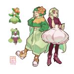  2girls bad_link bad_tumblr_link baggy_pants beanie cellphone converse creature_and_personification expressionless eyeshadow green_hair green_hat green_sweater half-closed_eyes hand_in_own_hair hand_up hat high-waist_skirt high_heels highres holding holding_phone humanization japhers lilligant long_hair long_sleeves makeup multiple_girls official_art_inset pants parted_lips personification phone pink_eyeshadow pokemon purple_sweater ribbed_sweater shoes skirt smartphone smile sweater tsareena turtleneck turtleneck_sweater very_long_hair white_skirt yellow_shoes 