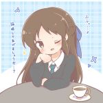  1girl ;d black_cardigan blue_bow blue_necktie blush bow brown_eyes brown_hair cardigan collared_shirt commentary_request cup diagonal-striped_clothes diagonal-striped_necktie hair_bow hand_up head_tilt idolmaster idolmaster_cinderella_girls long_hair long_sleeves looking_at_viewer mitarashi_neko necktie one_eye_closed plaid_background puffy_long_sleeves puffy_sleeves saucer shirt smile solo sparkle striped_clothes striped_necktie table tachibana_arisu translation_request upper_body very_long_hair white_shirt 