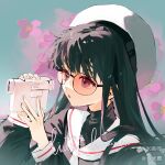  1girl artist_name black_hair black_shirt camcorder camera cardcaptor_sakura commission daidouji_tomoyo dated floral_background flower hat highres holding holding_camera liu_mi_lu long_hair long_sleeves mihuashi_commission mihuashi_logo mihuashi_username orange-tinted_eyewear parted_lips portrait purple_eyes purple_flower sailor_collar school_uniform shirt sidelocks solo sunglasses tinted_eyewear tomoeda_elementary_school_uniform undershirt video_camera white_hat white_sailor_collar 