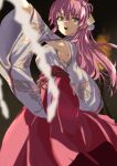  absurdres aikawa_megumi aikawa_megumi_(heart-stirring_flame) breasts commentary_request floating_hair green_eyes hakama hakama_skirt heaven_burns_red highres japanese_clothes kosode long_hair medium_breasts miko no53_(pixiv_77486930) pink_hair red_hakama sideboob skirt sweatdrop white_kosode 