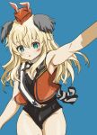  1girl :o animal_ears aviation_magic_band bird_ears bird_girl black_leotard blonde_hair blue_background blue_eyes commentary_request feet_out_of_frame garrison_cap hat highres leotard long_hair looking_at_viewer luminous_witches murayama_kei red_vest simple_background solo standing vest virginia_robertson world_witches_series 