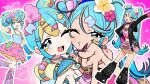 2girls :d agejo_gyaru ahoge animal_print arm_up arm_warmers bandaid bandaid_on_leg bead_bracelet bead_necklace beads belt black_boots black_jacket blonde_streaks blue_arm_warmers blue_camisole blue_eyes blue_hair blue_nails blush boots bow bracelet brown_skirt brown_streaks butterfly_print camisole cheek-to-cheek choker commentary_request decora dual_persona eurobeat flower frilled_skirt frills fur_boots gyaru gyaru_v hair_bow hair_flower hair_ornament hand_up hassan_(sink916) hatsune_miku heads_together heart heart_ahoge heart_hair_ornament heart_necklace heisei_retro hibiscus highres jacket jewelry leg_warmers leopard_print letter_hair_ornament long_sleeves love_para_(vocaloid) mcbling midriff multicolored_hair multiple_girls multiple_views nail_art nail_ornament navel necklace o3o official_art one_eye_closed open_clothes open_jacket outline pink_belt pink_bow pink_flower pink_nails pink_skirt pink_streaks pink_tube_top plaid_clothes plaid_leg_warmers plumeria polka_dot polka_dot_bow rhinestone shirt short_twintails skirt smile smiley_face sparkle standing standing_on_one_leg star-shaped_buckle star_(symbol) star_hair_ornament sticker sticker_on_face strapless streaked_hair tube_top twintails v virtual_pet_(toy) vocaloid white_flower white_outline y2k_fashion yellow_shirt 