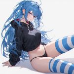  1girl ai-generated bikini bikini_top_only black_rock_shooter black_rock_shooter_(character) blue_eyes blue_hair hood jacket long_hair non-web_source socks solo staring swimsuit thighhighs thighs very_long_hair yummy 