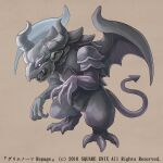  &copy; 1:1 brown_background claws dated english_text fangs feral full-length_portrait gargoyle gargoyle_(grimms_notes) grey_body grey_skin grimms_notes horn hunched_over inuhiro official_art open_mouth pointed_tail portrait purple_eyes simple_background solo symbol text wings 