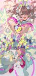  >_< 1girl absurdres animal_ears bell blue_eyes blurry bow brown_hair checkered_clothes commentary covered_navel cuffs depth_of_field donut earrings fake_animal_ears food full_body garter_straps hair_bow hair_over_one_eye halftone handcuffs heart heart-shaped_lock high_heels highleg highleg_leotard highres jewelry leotard looking_at_viewer maid_headdress neck_bell nontraditional_playboy_bunny one_eye_closed original pink_bow pink_shoes pom_pom_(clothes) pom_pom_earrings shoes solo sprinkles stuffed_animal stuffed_rabbit stuffed_toy teeth thighhighs upper_teeth_only v white_leotard white_thighhighs z3zz4 