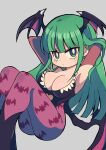  1girl animal_print arms_behind_head bangs bat_print black_leotard blunt_bangs breasts brown_gloves cleavage clothing_cutout demon_girl demon_wings elbow_gloves feather_trim feet_out_of_frame floating gloves green_eyes green_hair grey_background hand_in_own_hair head_wings heart_cutout highres large_breasts leotard long_hair looking_at_viewer miyata_(lhr) morrigan_aensland pantyhose print_pantyhose purple_pantyhose solo strapless strapless_leotard vampire_(game) wings 