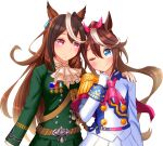  2girls aiguillette animal_ears ascot asymmetrical_gloves blush breasts brown_hair buttons cape closed_mouth commentary_request double-breasted epaulettes gloves green_jacket green_skirt hair_between_eyes hand_on_another's_shoulder horse_ears horse_girl jacket jewelry long_hair long_sleeves looking_at_viewer medal medium_breasts mismatched_gloves multicolored_hair multicolored_jacket multiple_girls one_eye_closed pink_ascot purple_eyes red_cape side_cape simple_background single_epaulette single_hair_streak skirt small_breasts smile streaked_hair sugimotty_nova symboli_rudolf_(emperor's_path)_(umamusume) symboli_rudolf_(umamusume) tokai_teio_(peak_joy)_(umamusume) tokai_teio_(umamusume) two-tone_hair two-tone_jacket two-tone_skirt umamusume white_ascot white_background white_gloves white_hair white_skirt white_streaks 