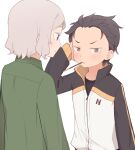  2boys black_hair black_jacket black_shirt blue_eyes blush brown_eyes food green_shirt grey_hair hair_slicked_back hand_on_own_head highres jacket long_sleeves male_focus multicolored_clothes multicolored_jacket multiple_boys natsuki_subaru nmn_r0 otto_suewen pocky pocky_in_mouth re:zero_kara_hajimeru_isekai_seikatsu shirt short_hair sideways_glance simple_background smile track_jacket two-tone_jacket upper_body white_background white_jacket yaoi 