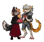  anthro bilberryfryst birthday_cake cake clothing dessert duo female food friends grey_hair hair hi_res jacket john_g_burnt lamanstin_(artist) leather leather_clothing leather_jacket leather_topwear male sergal silver_fox_(species) smile topwear 