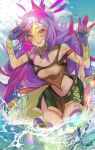  1girl :d arms_up bangs bare_shoulders breasts cloud colored_skin cowboy_shot flower green_skin hair_flower hair_ornament heart highres large_breasts league_of_legends long_hair neeko_(league_of_legends) open_mouth orange_eyes outdoors pink_flower purple_hair sela_(sarah_pim1) sharp_teeth shiny shiny_hair smile solo tail teeth upper_teeth wading water 