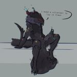 anthro ball_fondling ball_grab balls big_balls black_fluid claws demon egg egg_from_ovipositor egg_in_balls erection feet fondling foot_on_balls genitals glowing_egg gralzkiakh hair hi_res horn huge_balls hyper hyper_balls hyper_genitalia male mane mane_hair monster motion_lines oviposition ovipositor saggy_balls solo speech_bubble text tongue tongue_out vitalislas