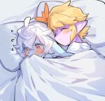  ahoge anthro bed bed_sheet bedding big_ears blonde_hair blue_body blue_fur blush bodily_fluids clothed clothing domestic_cat ears_down embrace eyes_closed felid feline felis female flustered flying_sweatdrops fur furniture hair hug hugging_from_behind kemono lying male male/female mammal on_bed on_side pillow pivoted_ears purple_body purple_skin red_eyes romantic romantic_couple scalie sleeping sweat sweatdrop under_covers white_hair yadayada 