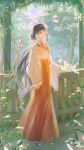  1girl absurdres animal arm_at_side black_hair commission day fence forest full_body hakama hakama_skirt hand_rest highres inuyasha japanese_clothes kikyou_(inuyasha) kimono light_particles long_hair long_sleeves mihuashi_commission mihuashi_logo mihuashi_username miko nature outdoors panda plant purple_eyes red_hakama ribbon-trimmed_sleeves ribbon_trim sandals sidelocks skirt socks solo standing tabi tree very_long_hair vines wanou white_kimono white_socks wide_sleeves zouri 