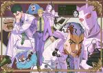  black_hair blonde_hair commentary_request diamond_wa_kudakenai formal_clothes highres jojo_no_kimyou_na_bouken kawajiri_kosaku killer_queen kira_yoshikage kira_yoshikage_(bites_the_dust) male_focus mappo_m2 multicolored_hair necktie pinstripe_pattern pinstripe_shirt purple_suit shirt stand_(jojo) suit 