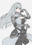  1girl absurdres aotsuba armor bangs blue_eyes breast_tattoo breasts cleavage cleavage_cutout closed_mouth clothing_cutout ethel_(xenoblade) grey_hair highres large_breasts long_hair looking_at_viewer shoulder_armor simple_background solo tattoo upper_body very_long_hair weapon white_background xenoblade_chronicles_(series) xenoblade_chronicles_3 