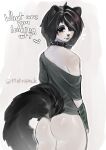  absurd_res alternative_fashion anthro black_eyes butt collar emo eyeshadow facial_piercing hi_res lip_piercing makeup male mammal mephitid mole_under_eye piercing playful rear_view skunk skunk_tail solo spiked_collar spikes standing text tongue tongue_out tt3trop4ck white_body 