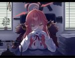 1girl antique_phone aru_(blue_archive) assault_rifle blind blue_archive brown_coat brown_horns chair chieru_(pixiv_124058144) coat coat_on_shoulders collared_shirt commentary_request covered_mouth covering_own_mouth demon_horns desk fur-trimmed_coat fur_trim gendou_pose gloves gun halo highres horns indoors interlocked_fingers letterboxed long_hair looking_at_viewer low_horns m16 neck_ribbon orange_eyes orange_halo own_hands_clasped own_hands_together paper paper_stack plant potted_plant red_hair red_ribbon ribbon rifle shirt solo watermark weapon weapon_on_wall white_gloves white_shirt window 