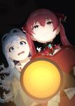  2girls blue_hair breasts closed_mouth covered_navel cropped_jacket fang flashlight hair_ribbon highres holding holding_flashlight hololive hololive_indonesia houshou_marine houshou_marine_(1st_costume) jacket kobo_kanaeru kobo_kanaeru_(1st_costume) kurumahu_01 large_breasts leotard leotard_under_clothes multicolored_hair multiple_girls navel open_mouth red_eyes red_hair red_jacket red_ribbon red_skirt ribbon skin_fang skirt sleeveless sleeveless_jacket small_breasts two-tone_hair virtual_youtuber white_hair white_jacket yellow_eyes 