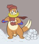 2025 anthro arm_fin balls big_balls black_markings black_nose blue_eyes buieb buizel clothing dipstick_tail eyebrows facial_markings fin foreskin forked_tail fur generation_4_pokemon genitals handwear hat head_markings headgear headwear hi_res male markings mittens mostly_nude nintendo orange_balls orange_body orange_fur orange_penis penis pokemon pokemon_(species) red_eyes scarf signature smile snow snowball solo standing tail tail_markings tan_body tan_fur tan_penis unusual_anatomy unusual_tail