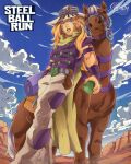  1boy absurdres armband artist_name ball beard belt belt_buckle blonde_hair blue_eyes blue_sky bridal_gauntlets buckle cape cloud commentary copyright_name cowboy_hat day english_commentary facial_hair fingernails goggles goggles_on_headwear grahim_art green_lips grey_belt grey_hat gyro_zeppeli hat highres holding holding_ball holster horse jojo_no_kimyou_na_bouken long_hair makeup male_focus outdoors purple_armband purple_bridal_gauntlets purple_mask purple_shirt reins saddlebags shirt short_sleeves sky solo steel_ball_(jojo) steel_ball_run studded_belt valkyrie_(jojo) yellow_cape 