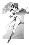  1girl absurdres character_name clothing_cutout commentary doraemon english_commentary fighting_stance greyscale highres kahnapuf leotard minamoto_shizuka monochrome navel revealing_clothes short_twintails superhero_costume twintails 