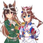  2girls aiguillette animal_ears ascot asymmetrical_gloves blue_gloves blush breasts brown_hair buttons cape closed_mouth commentary_request crossed_arms double-breasted ear_ribbon earrings epaulettes gloves green_jacket green_skirt hair_between_eyes highres horse_ears horse_girl jacket jewelry long_hair long_sleeves looking_at_viewer medal mismatched_gloves multicolored_hair multicolored_jacket multiple_girls pink_ascot purple_eyes red_cape side_cape simple_background single_earring single_epaulette single_hair_streak skirt small_breasts smile streaked_hair sugimotty_nova symboli_rudolf_(emperor's_path)_(umamusume) symboli_rudolf_(umamusume) tokai_teio_(peak_joy)_(umamusume) tokai_teio_(umamusume) two-tone_hair two-tone_jacket two-tone_skirt umamusume white_ascot white_background white_gloves white_hair white_skirt white_streaks 