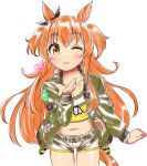  1girl animal_ears belt blowing_kiss blush bomber_jacket bow breasts brown_ribbon collarbone commentary_request crop_top dog_tags ear_bow ear_ribbon green_belt green_jacket heart highres horse_ears horse_girl horse_tail jacket long_hair long_sleeves looking_at_viewer mayano_top_gun_(scramble_zone)_(umamusume) mayano_top_gun_(umamusume) midriff navel one_eye_closed open_clothes open_jacket orange_hair orange_tail parted_lips ribbon shirt shorts simple_background small_breasts smile solo sugimotty_nova tail two_side_up umamusume white_background white_shorts yellow_shirt 