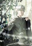  1boy branch cigarette commentary_request corrupted_twitter_file creature forest from_side ginko_(mushishi) green_eyes grey_shirt hair_over_one_eye highres kuthi0510 leaf looking_to_the_side male_focus mushi_(mushishi) mushishi nature outdoors removing_jacket shirt short_hair sideways_glance smoking solo tree upper_body white_hair 