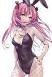  1girl aikawa_megumi animal_ears breasts breasts_apart commentary_request cowboy_shot detached_collar fake_animal_ears fishnet_pantyhose fishnets green_eyes heaven_burns_red highleg highleg_leotard highres leotard long_hair no53_(pixiv_77486930) pantyhose pink_hair playboy_bunny rabbit_ears ribbon solo strapless strapless_leotard two_side_up 