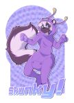  abstract_background alien ambiguous_gender anthro black_body black_ears black_fur black_nose black_tail bubblepuppers button_(fastener) character_name clean_diaper clothed clothing diaper diaper_under_clothing diaper_under_onesie fangs full-length_portrait fur hair happy hi_res highlights_(coloring) mammal mephitid morolian multicolored_body multicolored_fur multicolored_hair multicolored_tail onesie outstretched_arms portrait purple_body purple_fur purple_highlights purple_tail sega skunk skunky_(smellyskunkybutt) smile snapsuit solo space_channel_5 tail teeth text three-quarter_view tongue tongue_out two_tone_hair wearing_diaper white_body white_fur white_hair white_inner_ear white_tail 