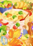  2girls 3boys :d ^_^ absurdres black_thighhighs blue_sweater broccoli brown_eyes brown_hair carrot_slice cherry_tomato closed_eyes commentary_request cookie_cutter cooking_pot cutting_board dress from_above green_pants happy highres kazamati_soyoka leaf long_hair mini_person miniboy minigirl multiple_boys multiple_girls no_shoes on_food onion original pants pepper_shaker pinafore_dress pink_skirt pleated_skirt potato potato_peel red_dress salad shirt short_hair short_twintails sitting skirt sleeveless sleeveless_dress smile socks spoon standing sweater thighhighs tomato twintails watermark white_shirt white_socks wooden_spoon 