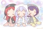  3girls ^_^ animal_ears animal_hood blue_camisole blue_hair braid camisole character_hood chibi chimame-tai closed_eyes closed_mouth drawstring facing_viewer fake_animal_ears fang flower_symbol girl_sandwich gochuumon_wa_usagi_desu_ka? grey_jacket hair_ornament hood hood_up jacket jouga_maya kafuu_chino kneehighs leg_warmers long_hair long_sleeves loungewear mitarashi_neko multiple_girls natsu_megumi no_shoes one_eye_closed open_clothes open_jacket pink_camisole pink_leg_warmers pink_shorts polka_dot polka_dot_background pom_pom_(clothes) rabbit_ears rabbit_hood red_hair sandwiched seiza shorts sidelocks sitting smile socks toeless_legwear twin_braids twitter_username white_jacket x_hair_ornament yellow_camisole yellow_leg_warmers yellow_shorts 