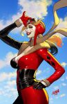  1girl alternate_costume asymmetrical_gloves aviator_cap batman_(series) black_bodysuit black_gloves blue_sky bodysuit breasts cleavage colored_skin david_nakayama day dc_comics gloves goggles goggles_on_headwear harley_quinn hat highres initial medium_breasts mismatched_gloves multicolored_bodysuit outdoors red_bodysuit red_gloves red_hat red_lips sky solo two-tone_bodysuit white_skin 